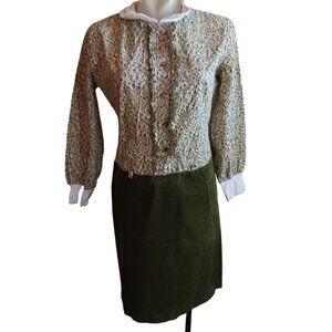 sz 8 1OF1 Vtg 60's Green Mod Floral Button-Up Dress Ruffle Accents Country Print